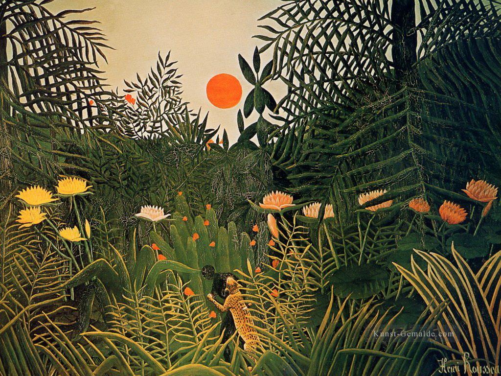 Neger von einem Jaguar 1910 Henri Rousseau Post Impressionismus Naive Primitivismus angegriffen Ölgemälde